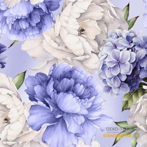 Trikotaaž hortensia ja teised lilled helelilla digital print
