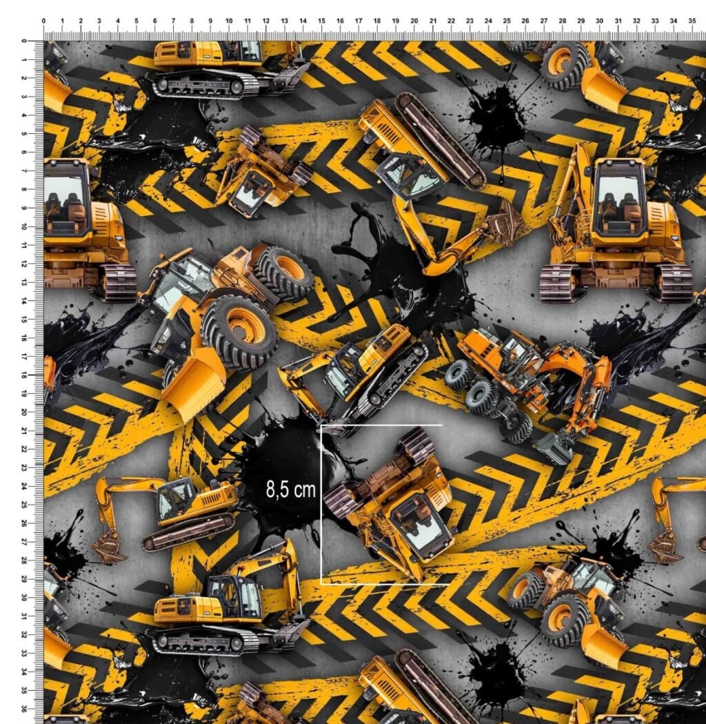 Trikotaaž kollased linttraktorid ja kopad mustal digital print - Image 2