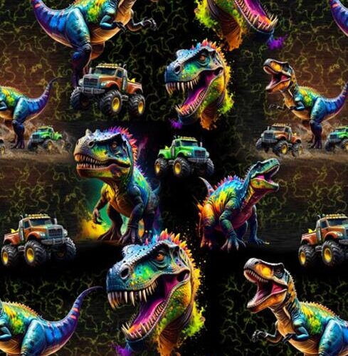 Värvilised dinosaurused ja monsterautod mustal taustal