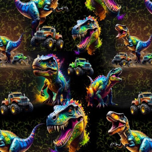 Värvilised dinosaurused ja monsterautod mustal taustal