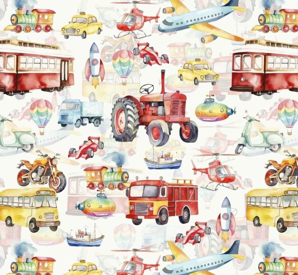 Värvilised transpordivahendid laste illustratsioon mustriga
