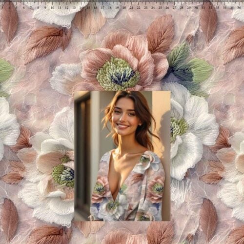 Lillemustriga kangas ja kleit naisel