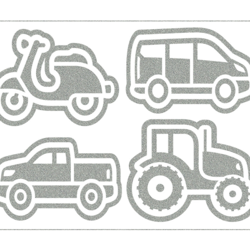 Triigitavad helkurmotiivid: auto, traktor, roller, minibuss 4tk