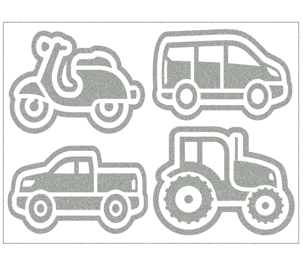 Triigitavad helkurmotiivid: auto, traktor, roller, minibuss 4tk