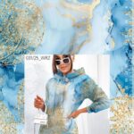 Sinise ja kuldse mustriga kleit moelaval