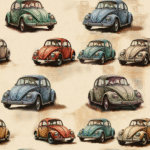 Värvilised retroautod mustrilisel taustal