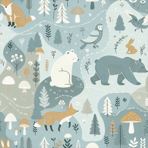 Illustratsioon metsloomade ja seentega metsas