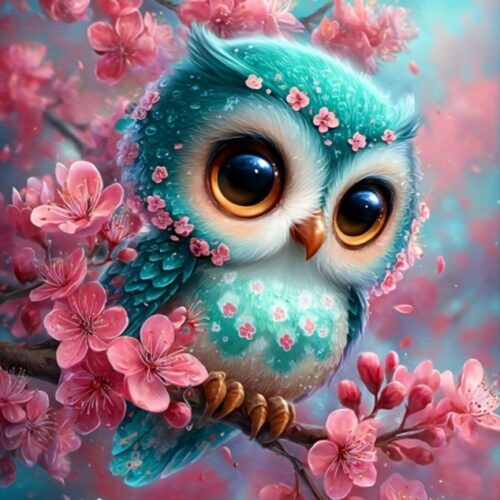 Armas sinine öökull õitsval sakurapuu oksal