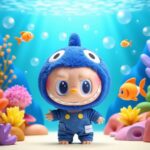 Armas beebi sinises hai kostüümis vee all