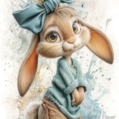 Armas jänes sinise lipsuga ja kampsuniga