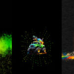 Värvilised dinosaurused ja monsterautod mustal taustal