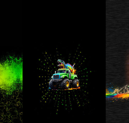 Värvilised dinosaurused ja monsterautod mustal taustal
