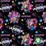 Värviline HUNTRX mustriga kangadisain tähtede ja tegelastega