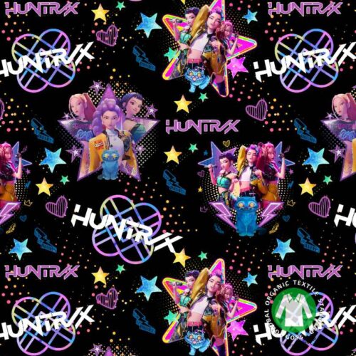 Värviline HUNTRX mustriga kangadisain tähtede ja tegelastega