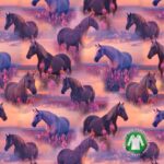 Hobused päikeseloojangul lillal niidul muster