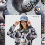 Naine kannab koomiliste tuvide mustriga sviitrit