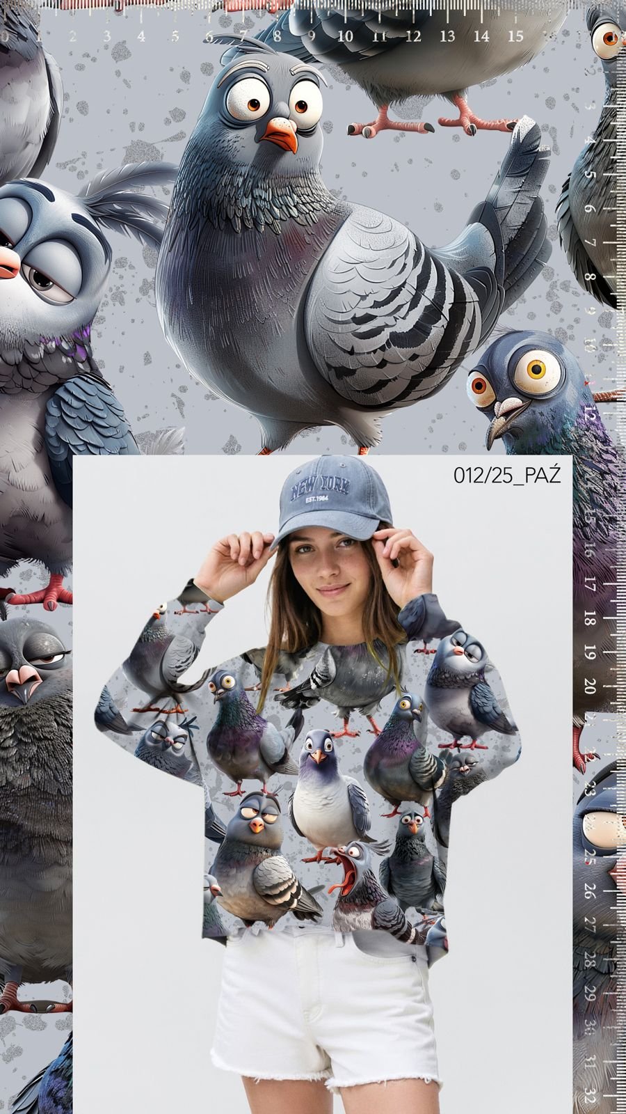 Naine kannab koomiliste tuvide mustriga sviitrit