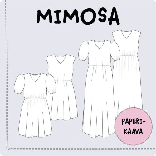 Mimosa kleidi õmblusmuster lühikese ja pika versiooniga