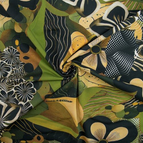 Mitmevärviline lillemustriline kangas rohelises toonis