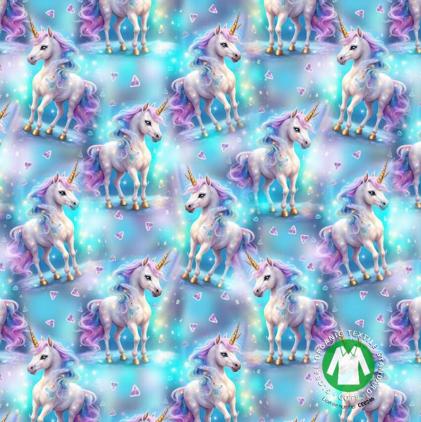 Värviline ükssarvikute muster sinisel taustal