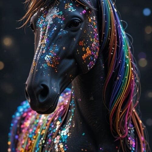 Vikerkaarelitritega must hobune