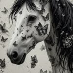 Valge hobune liblikatega lillede keskel