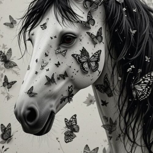 Valge hobune liblikatega lillede keskel