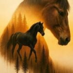 Hobuse kunstipilt metsataustal udus