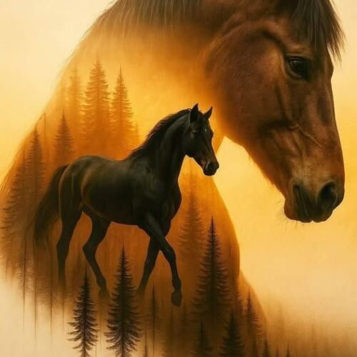 Hobuse kunstipilt metsataustal udus