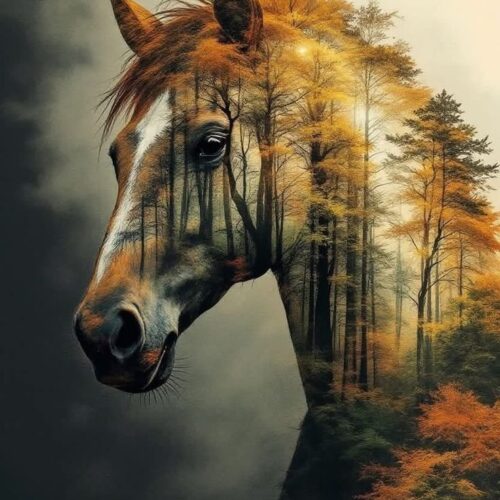 Hobuse ja sügisese metsa kunstiline sulandus