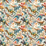 Värvilised dinosaurused ja lehed mustrina