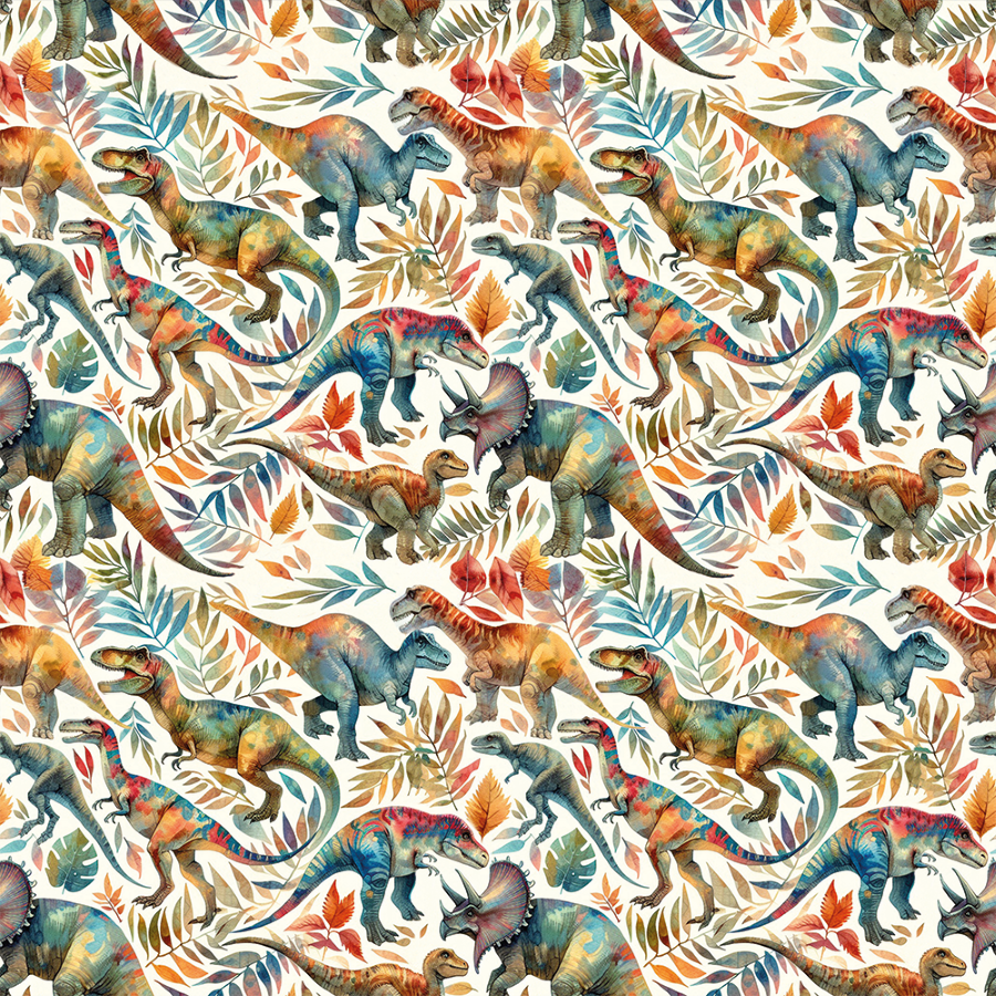 Värvilised dinosaurused ja lehed mustrina