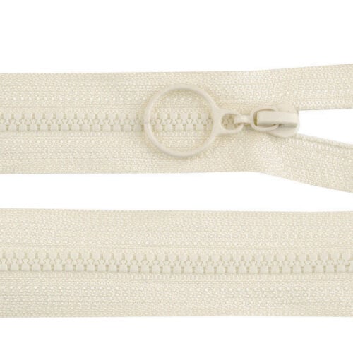 Valge plastist tõmblukk ringtõmburiga