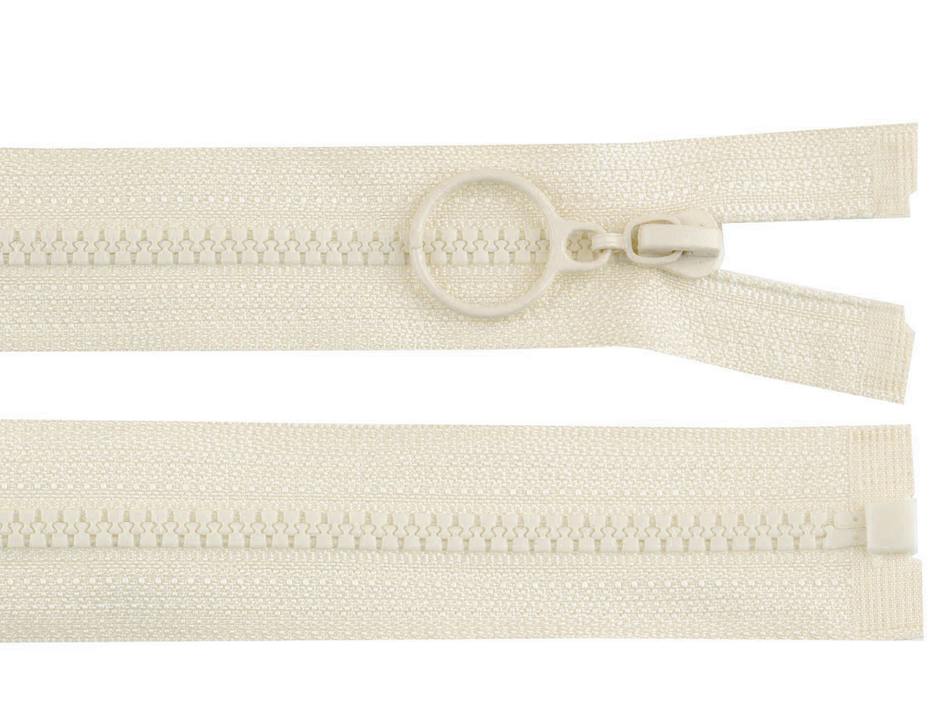 Valge plastist tõmblukk ringtõmburiga