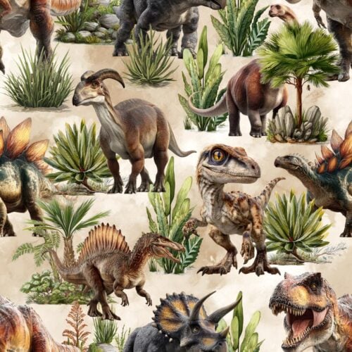 Kuvitus eri dinosauruksista trooppisessa ympäristössä