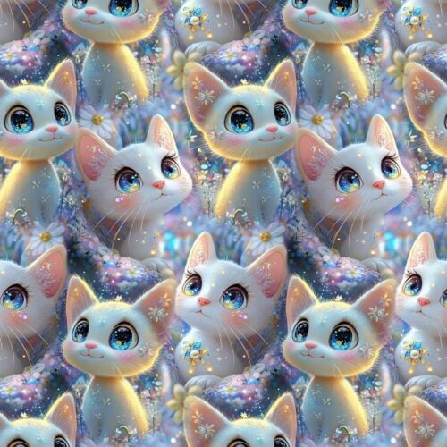 trikotaaž valged kiisud ja lillad lilled digital print