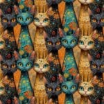 trikotaaž petrol, must ja kollane kass digital print