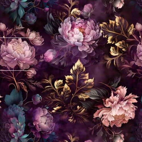 Softshell pojengid ja kuldsed lehed lillal põhjal digital print