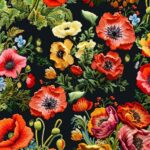 Colorful poppy flowers on dark floral background