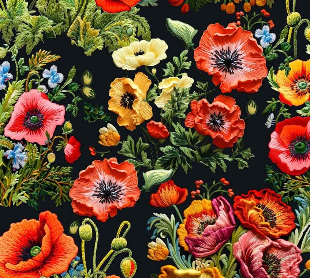 Colorful poppy flowers on dark floral background