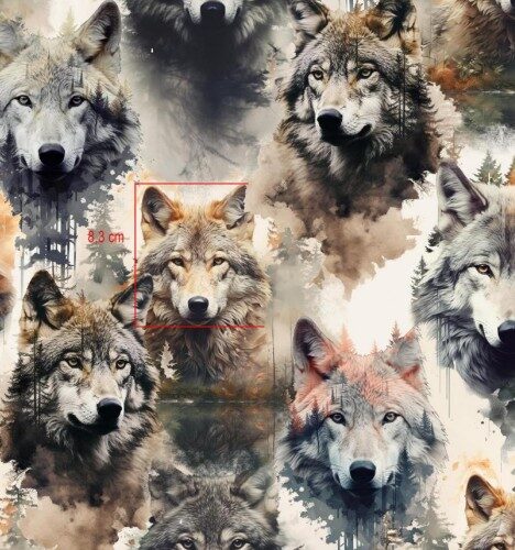 Watercolor wolf faces pattern with measurement marking
