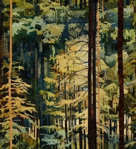 Stylized dense forest with tall trees and sunlight