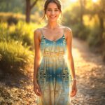 Woman in patterned dress on sunlit forest path