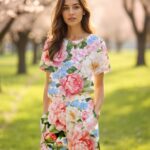 Woman in floral outfit in blooming park