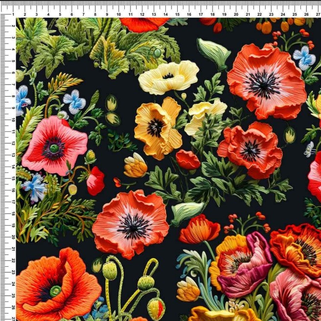 Colorful poppy floral pattern on dark fabric