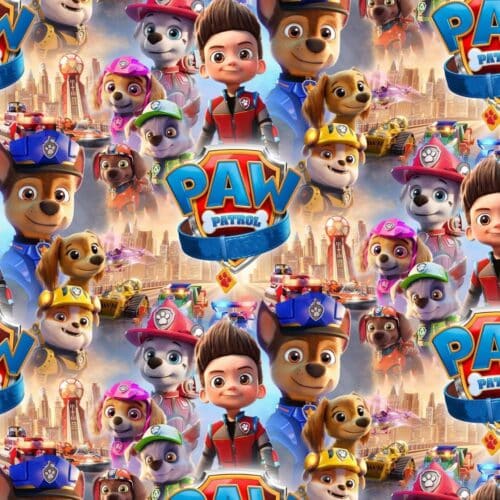 Paw Patroli tegelased värvilisel kangamustril