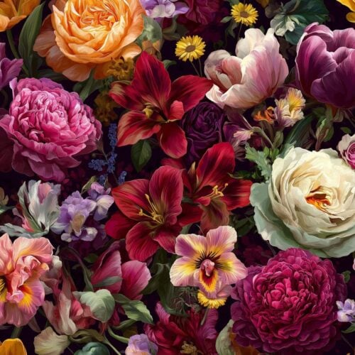 Värvikirev lillekompositsioon tumedal taustal