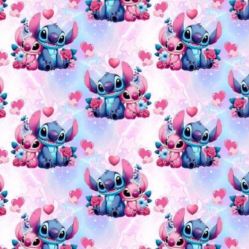 Stitch ja Angel südamekujulisel taustamustril