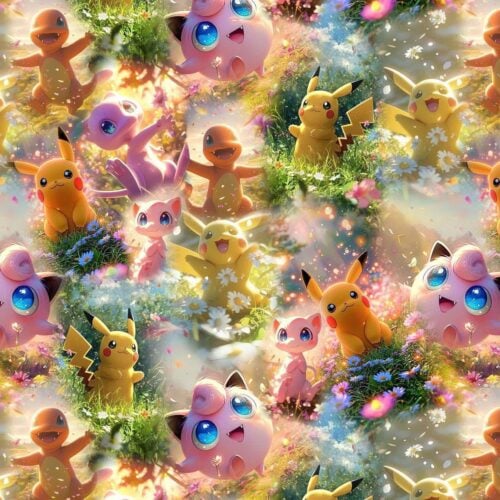 Pokémonid lillelises päikeselises metsas