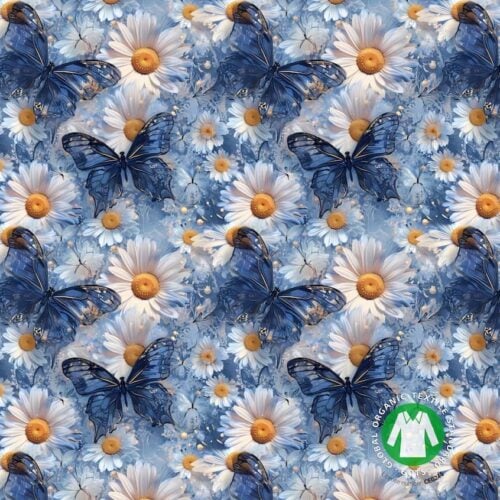 Sinised liblikad ja karikakrad mustrilisel kangal